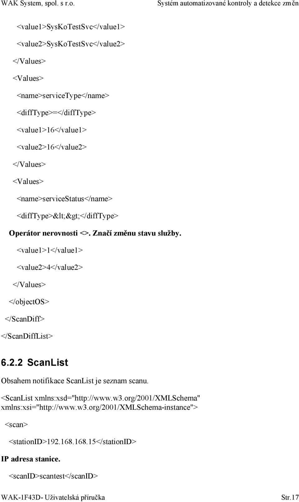 <value1>1</value1> <value2>4</value2> </Values> </objectos> </ScanDiff> </ScanDiffList> 6.2.2 ScanList Obsahem notifikace ScanList je seznam scanu.
