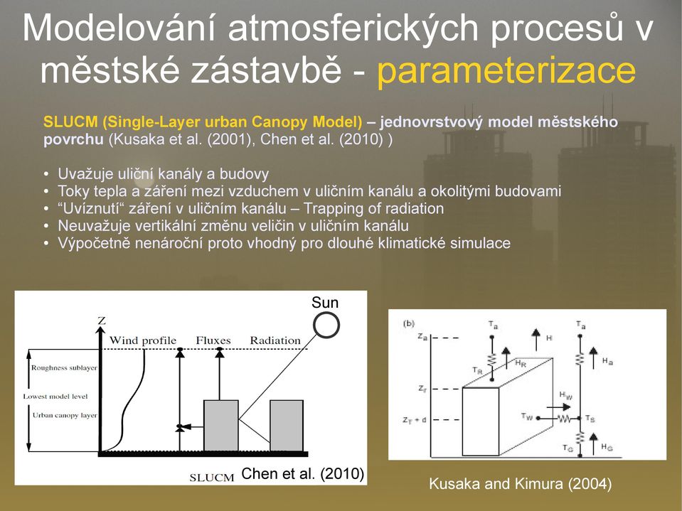 (2010) ) Uvažuje uliční kanály a budovy Toky tepla a záření mezi vzduchem v uličním kanálu a okolitými budovami Uvíznutí záření