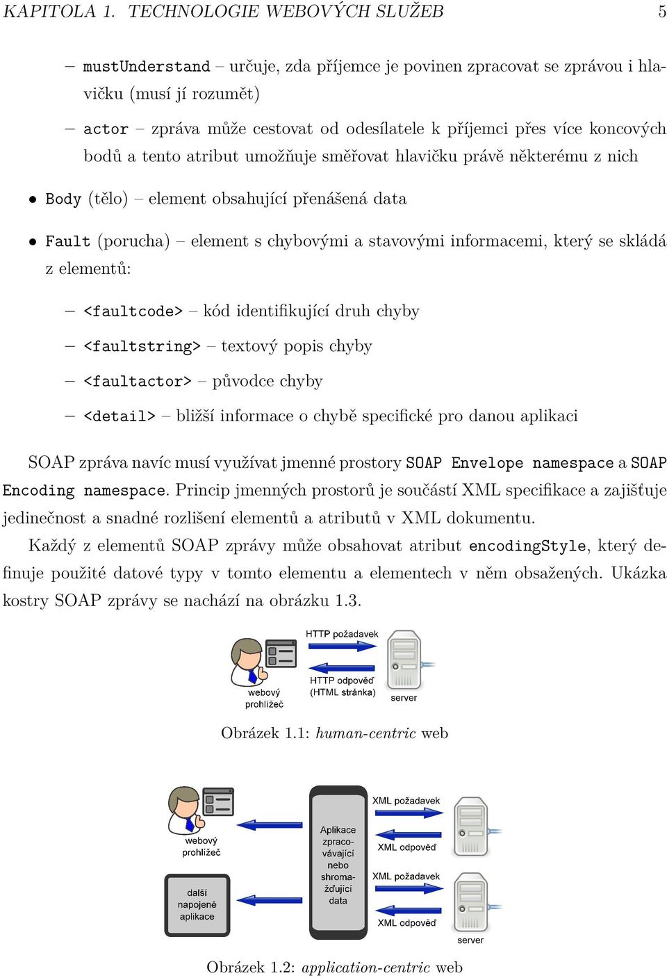 bodů a tento atribut umožňuje směřovat hlavičku právě některému z nich Body (tělo) element obsahující přenášená data Fault (porucha) element s chybovými a stavovými informacemi, který se skládá z