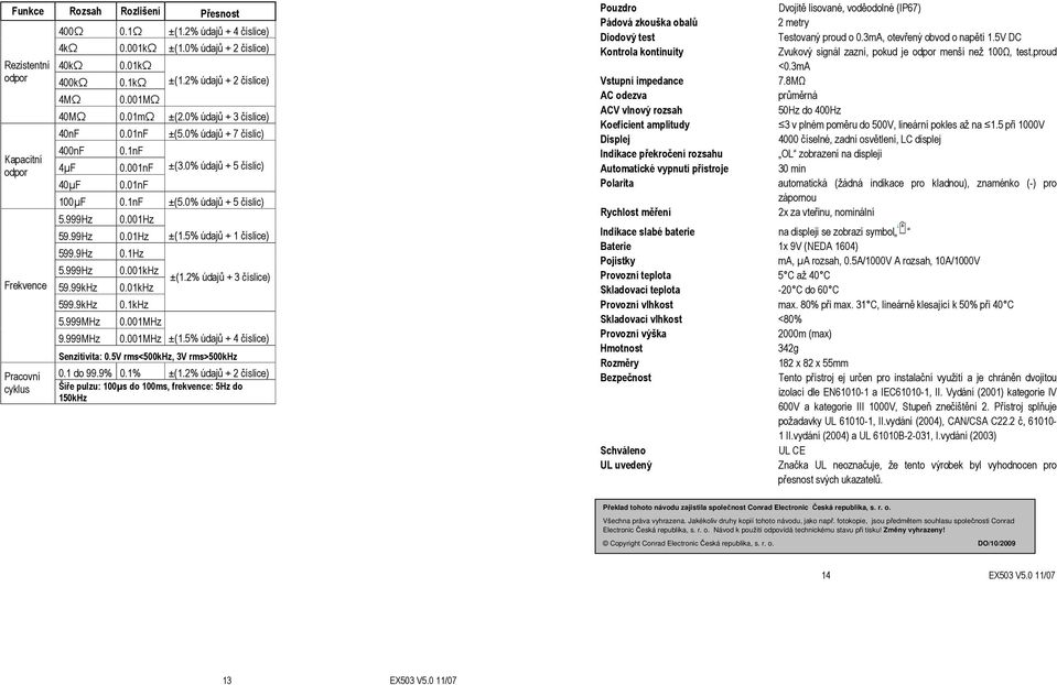 999Hz 0.001Hz 59.99Hz 0.01Hz ±(1.5% údajů + 1 číslice) 599.9Hz 5.999Hz 59.99kHz 599.9kHz 5.999MHz 9.999MHz 0.1Hz 0.001kHz 0.01kHz 0.1kHz 0.001MHz ±(1.2% údajů + 3 číslice) 0.001MHz ±(1.5% údajů + 4 číslice) Senzitivita: 0.