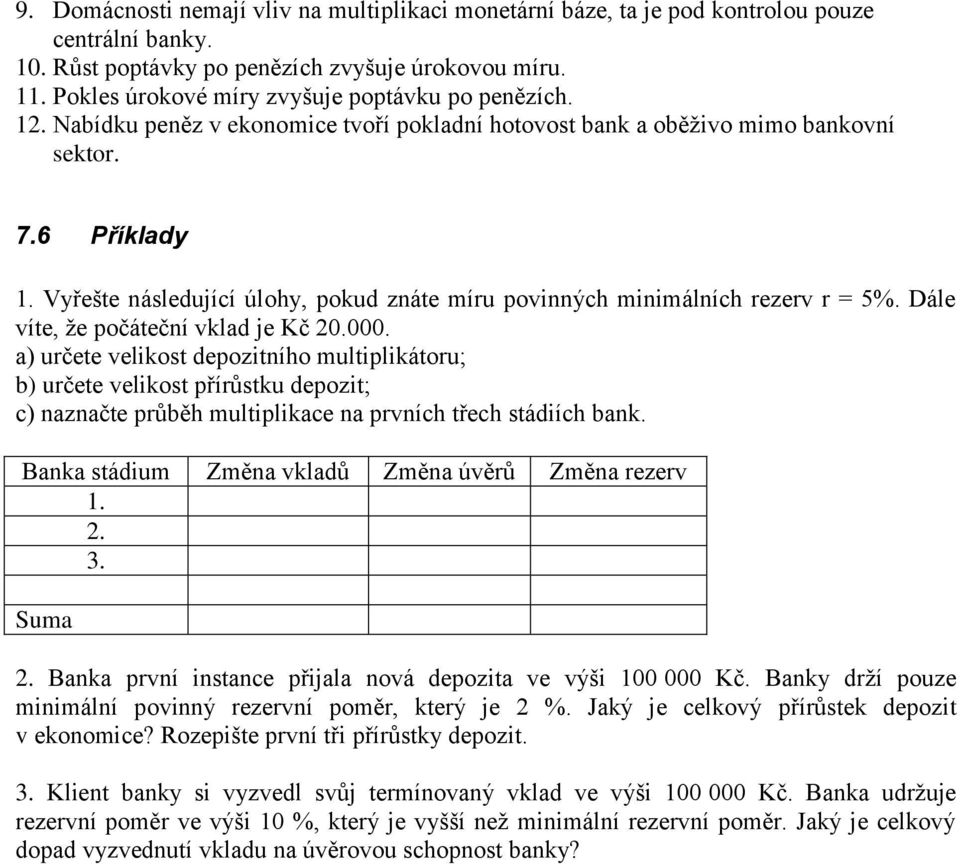 Vyřešte následující úlohy, pokud znáte míru povinných minimálních rezerv r = 5%. Dále víte, že počáteční vklad je Kč 20.000.
