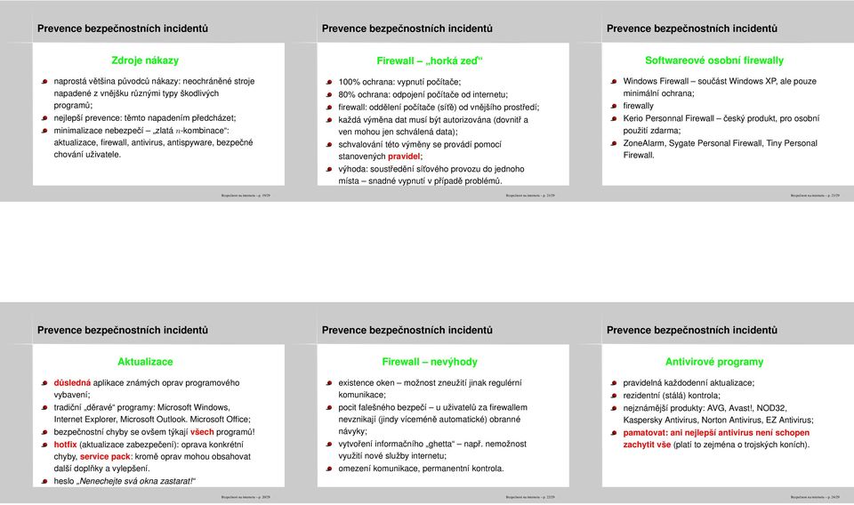 Firewall horká zed 100% ochrana: vypnutí počítače; 80% ochrana: odpojení počítače od internetu; firewall: oddělení počítače (sít ě) od vnějšího prostředí; každá výměna dat musí být autorizována