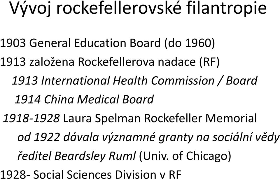 Medical Board 1918-1928 Laura Spelman Rockefeller Memorial od 1922 dávala významné