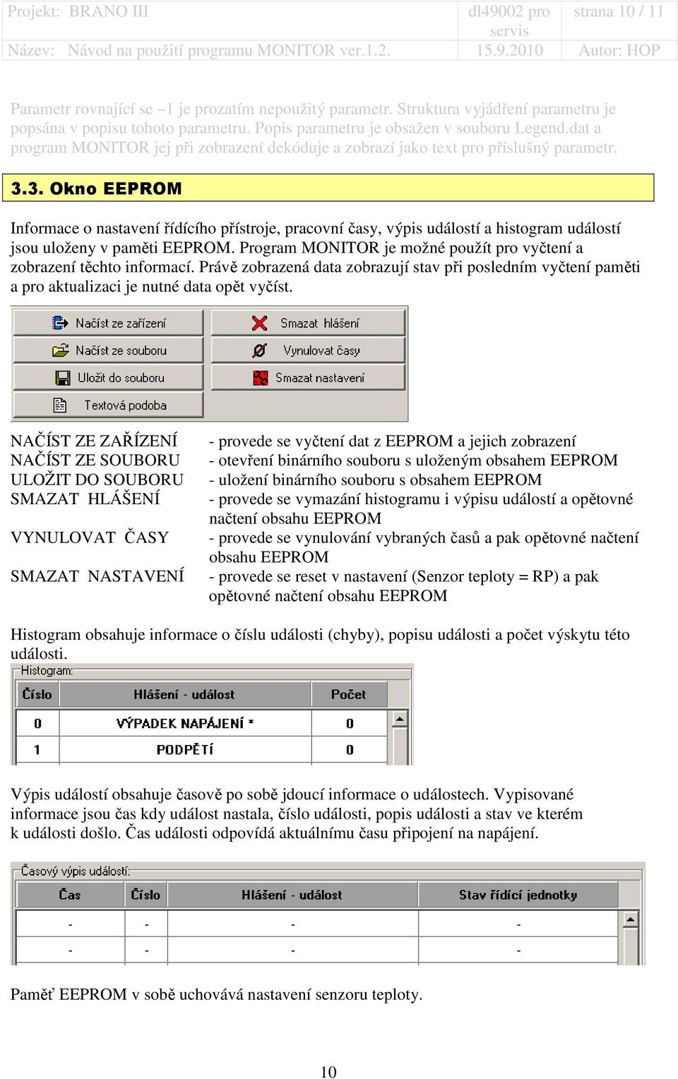 3. Okno EEPROM Informace o nastavení řídícího přístroje, pracovní časy, výpis událostí a histogram událostí jsou uloženy v paměti EEPROM.