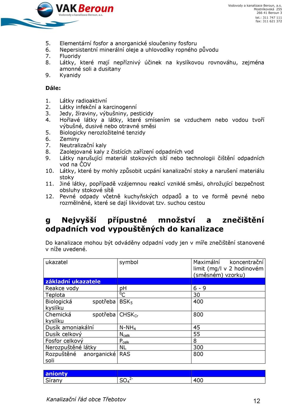 Jedy, žíraviny, výbušniny, pesticidy 4. Hořlavé látky a látky, které smísením se vzduchem nebo vodou tvoří výbušné, dusivé nebo otravné směsi 5. Biologicky nerozložitelné tenzidy 6. Zeminy 7.