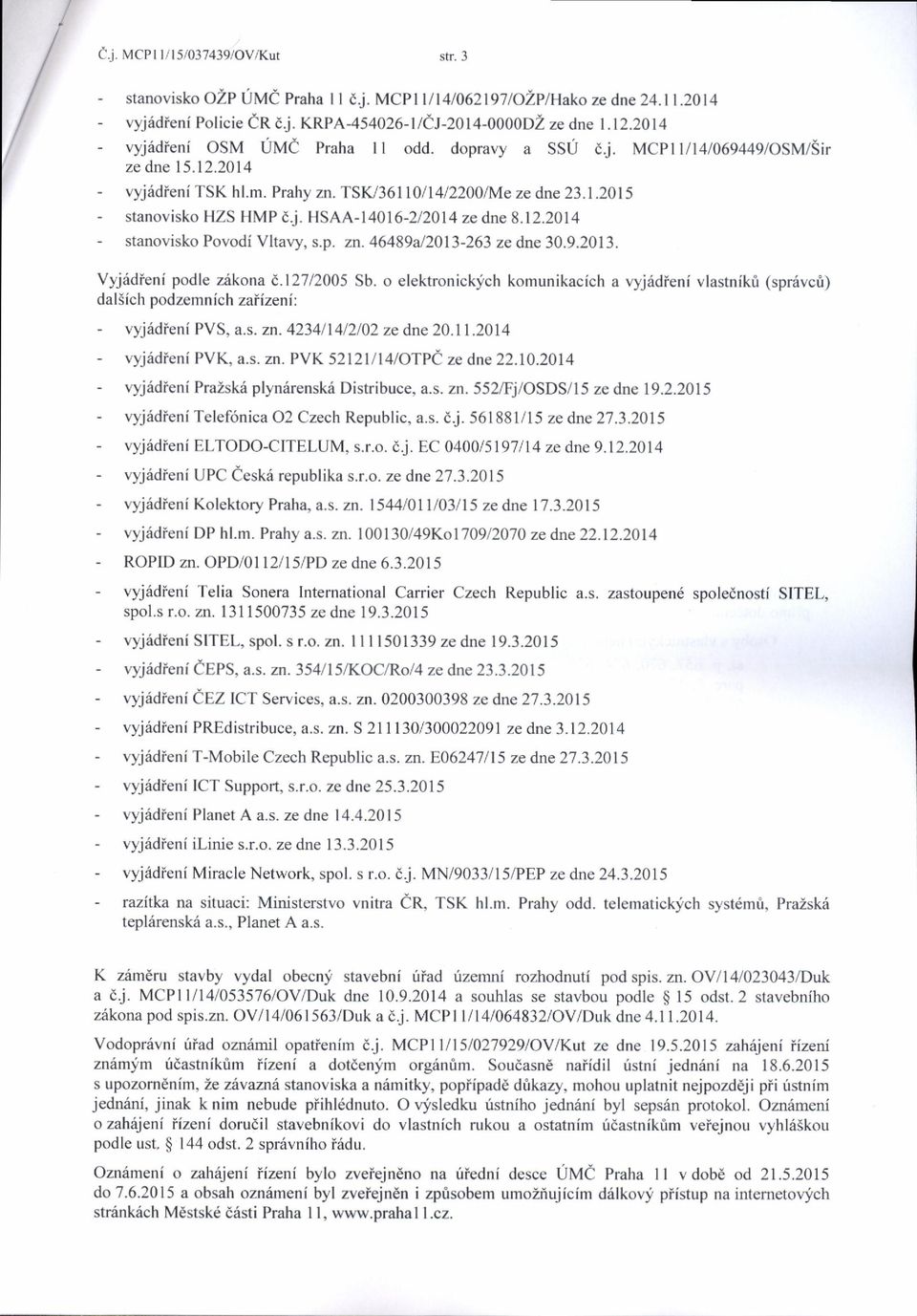 p. zn. 46489a/2013-263 ze dne 30.9.2013. Vyjtidieni podle z6kona E.l2l12005 Sb. o elektronickych komunikacich a vyjridieni vlastnikri (spr6vcri) dalsich podzemni ch zaiizeni : - vyjridieni PVS, a.s. zn. 423411412102 ze dne 20.