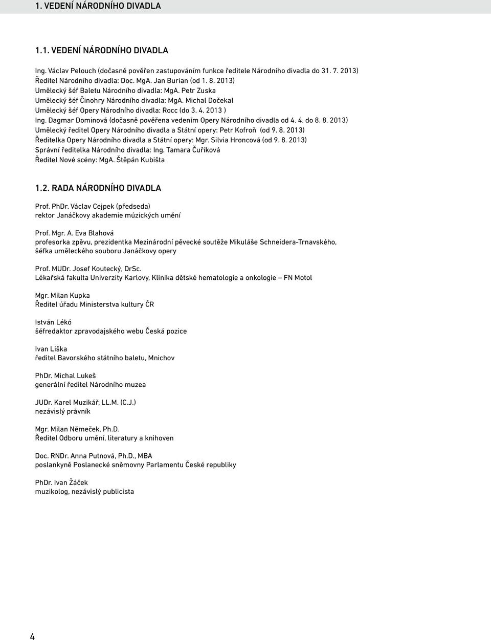 2013 ) Ing. Dagmar Dominová (dočasně pověřena vedením Opery Národního divadla od 4. 4. do 8. 8. 2013) Umělecký ředitel Opery Národního divadla a Státní opery: Petr Kofroň (od 9. 8. 2013) Ředitelka Opery Národního divadla a Státní opery: Mgr.