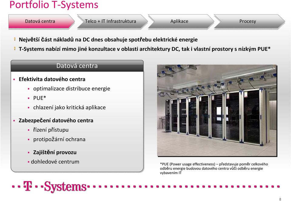 optimalizace distribuce energie PUE* chlazení jako kritická aplikace Zabezpečení datového centra řízení přístupu protipožární ochrana Zajištění