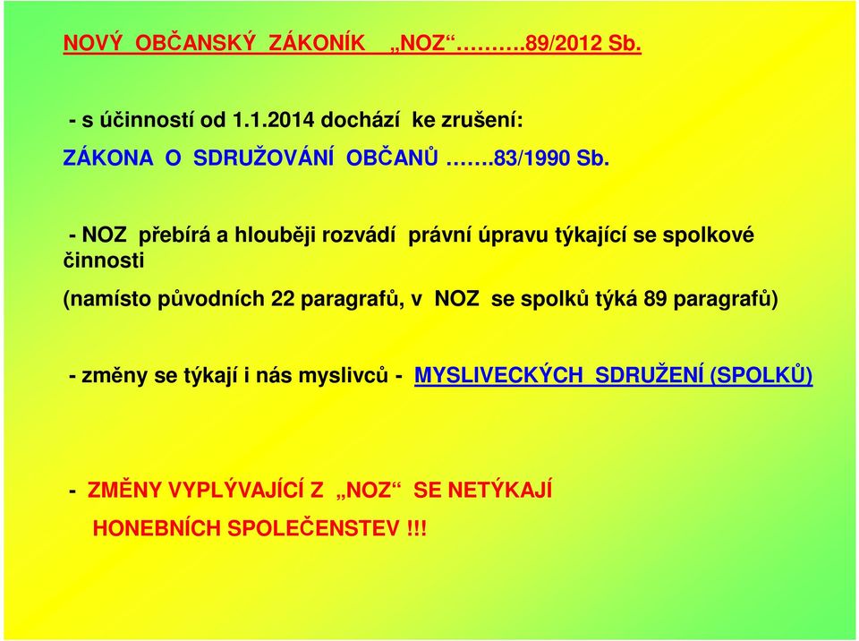 - NOZ přebírá a hlouběji rozvádí právní úpravu týkající se spolkové činnosti (namísto původních 22