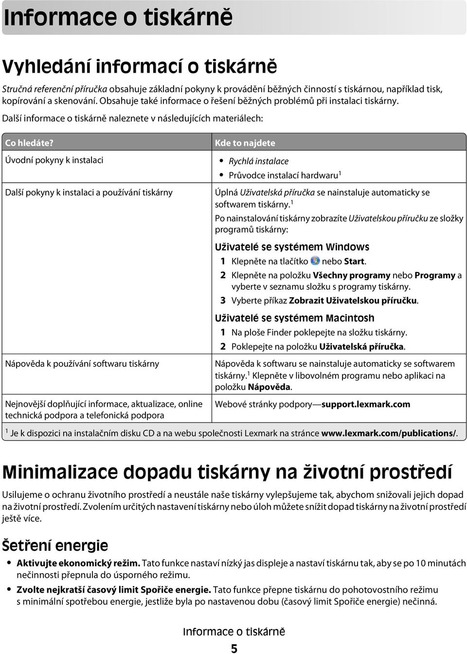 Úvodní pokyny k instalaci Další pokyny k instalaci a používání tiskárny Kde to najdete Rychlá instalace Průvodce instalací hardwaru 1 Úplná Uživatelská příručka se nainstaluje automaticky se