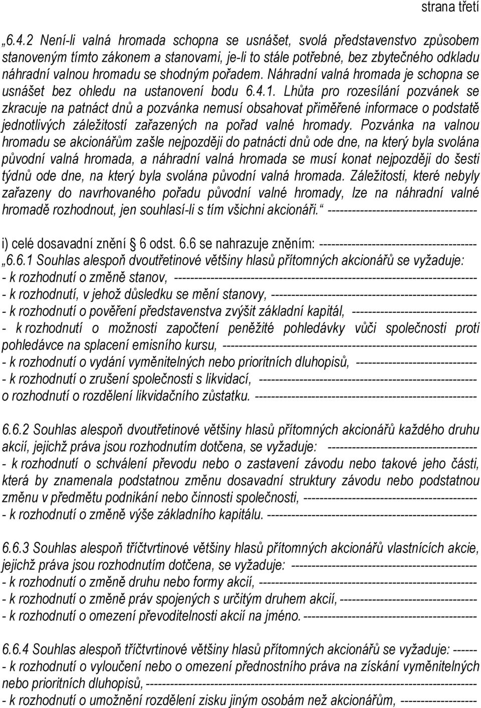 pořadem. Náhradní valná hromada je schopna se usnášet bez ohledu na ustanovení bodu 6.4.1.