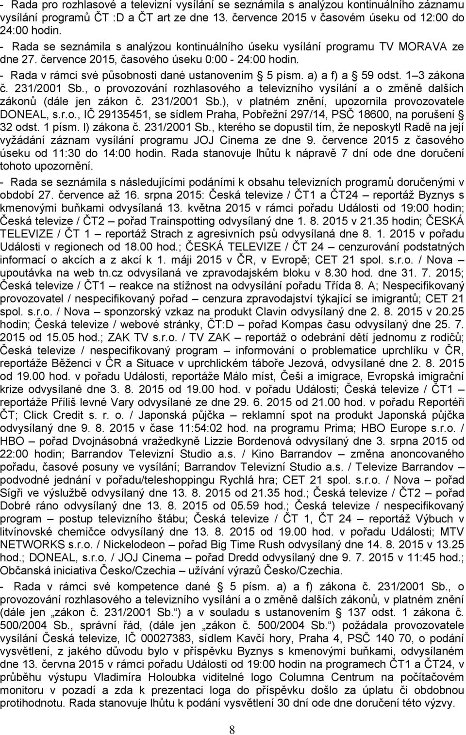 a) a f) a 59 odst. 1 3 zákona č. 231/2001 Sb., o provozování rozhlasového a televizního vysílání a o změně dalších zákonů (dále jen zákon č. 231/2001 Sb.), v platném znění, upozornila provozovatele DONEAL, s.