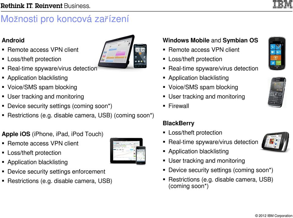 (coming soon*) Restrictions (e.g. disable camera, USB) (coming soon*) Apple ios (iphone, ipad, ipod Touch) Remote access VPN client Loss/theft protection Application blacklisting  enforcement Restrictions (e.