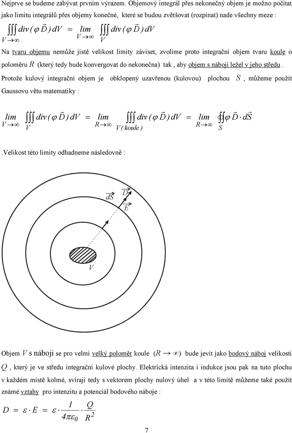 ty závset, zvolíme proto ntegrační objem tvaru koule o poloměru (který tedy bude konvergovat do nekonečna tak, aby objem s náboj ležel v jeho středu.