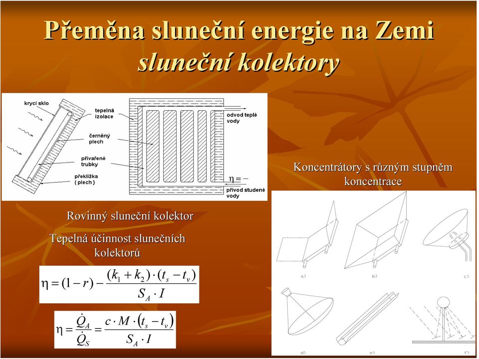 sluneční kolektor Tepelná účinnost slunečních kolektorů η = 1