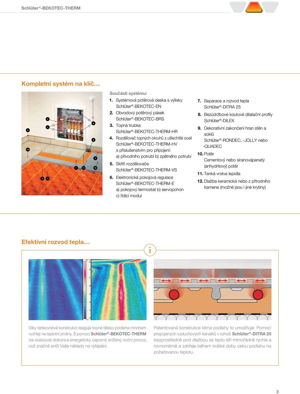 Skříň rozdělovače Schlüter -BEKOTEC-THERM-VS 6. Elektronická pokojová regulace Schlüter -BEKOTEC-THERM-E a) pokojový termostat b) servopohon c) řídící modul 7.