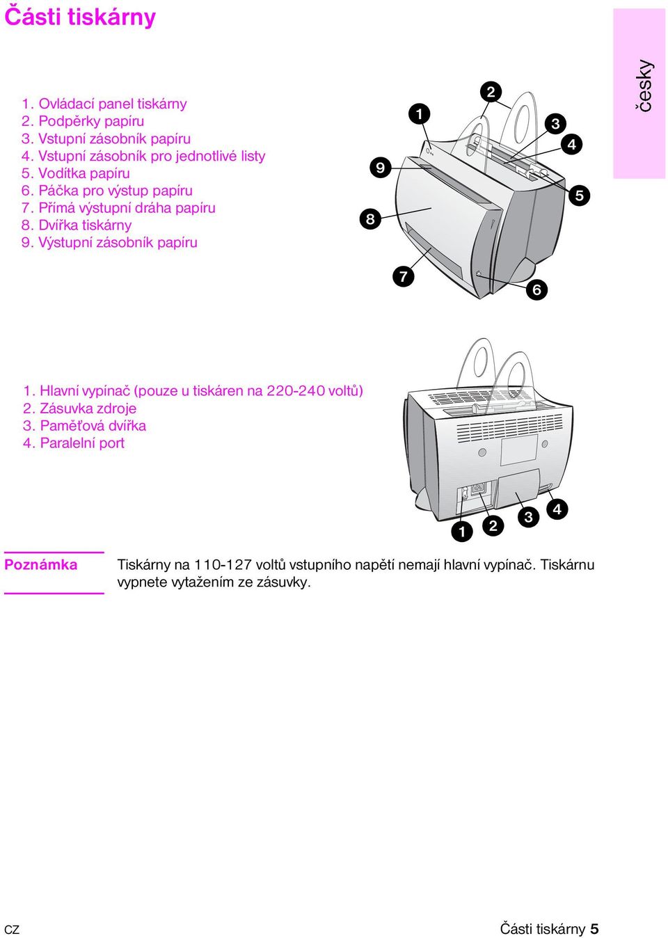 Výstupní zásobník papíru 8 9 1 2 3 4 5 7 6 1. Hlavní vypínaè (pouze u tiskáren na 220-240 voltù) 2. Zásuvka zdroje 3.