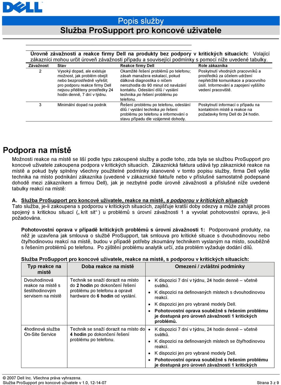 pokud dálková diagnostika o ničem Poskytnutí vhodných pracovníků a prostředků za účelem udržení nepřetržité komunikace a pracovního pro podporu reakce firmy Dell nerozhodla do 90 minut od navázání