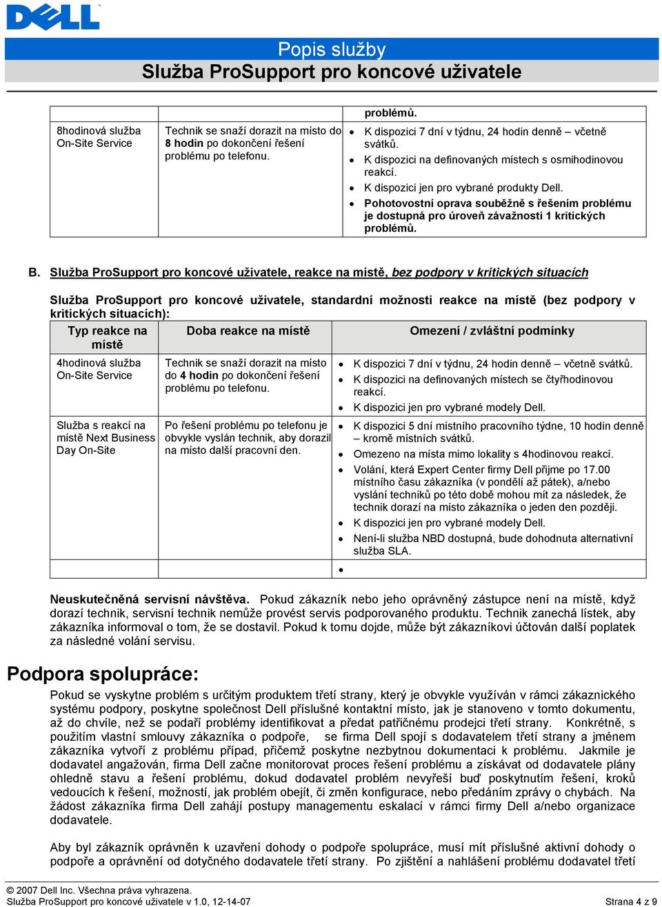Pohotovostní oprava souběžně s řešením problému je dostupná pro úroveň závažnosti 1 kritických problémů. B.