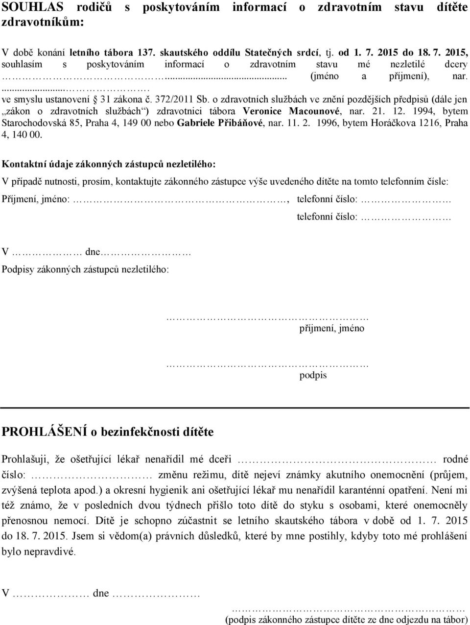 o zdravotních službách ve znění pozdějších předpisů (dále jen zákon o zdravotních službách ) zdravotnici tábora Veronice Macounové, nar. 21. 12.