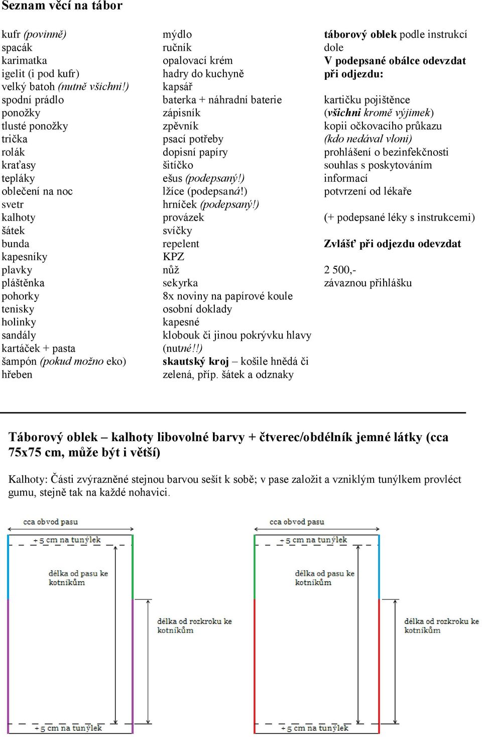 možno eko) hřeben mýdlo ručník opalovací krém hadry do kuchyně kapsář baterka + náhradní baterie zápisník zpěvník psací potřeby dopisní papíry šitíčko ešus (podepsaný!) lžíce (podepsaná!