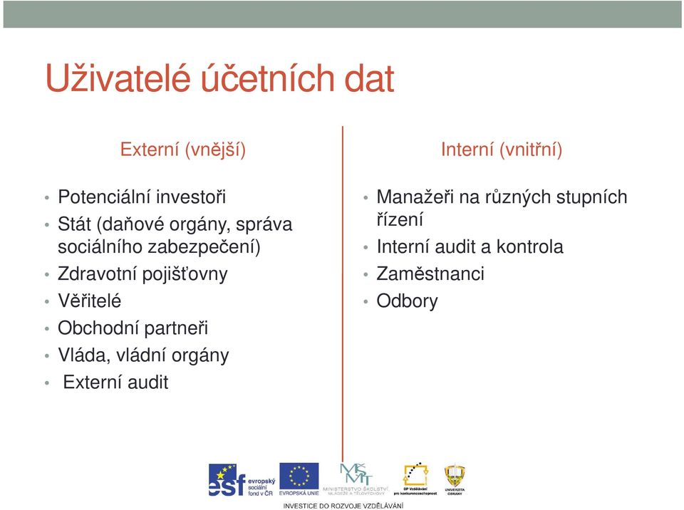 Věřitelé Obchodní partneři Vláda, vládní orgány Externí audit Interní