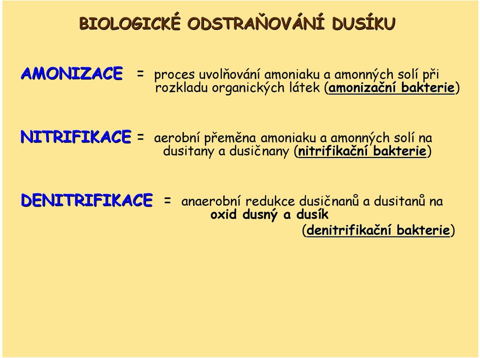 přeměna amoniaku a amonných solí na dusitany a dusičnany (nitrifikační bakterie)