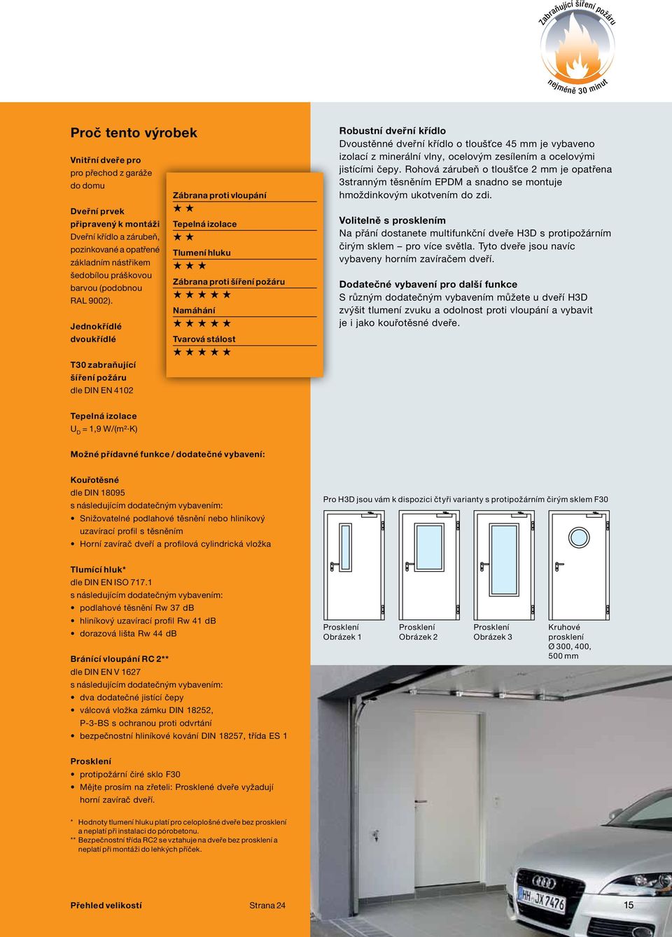 Jednokřídlé dvoukřídlé T30 zabraňující šíření požáru dle DIN EN 4102 Zábrana proti vloupání Tepelná izolace Tlumení hluku Zábrana proti šíření požáru Namáhání Tvarová stálost Robustní dveřní křídlo