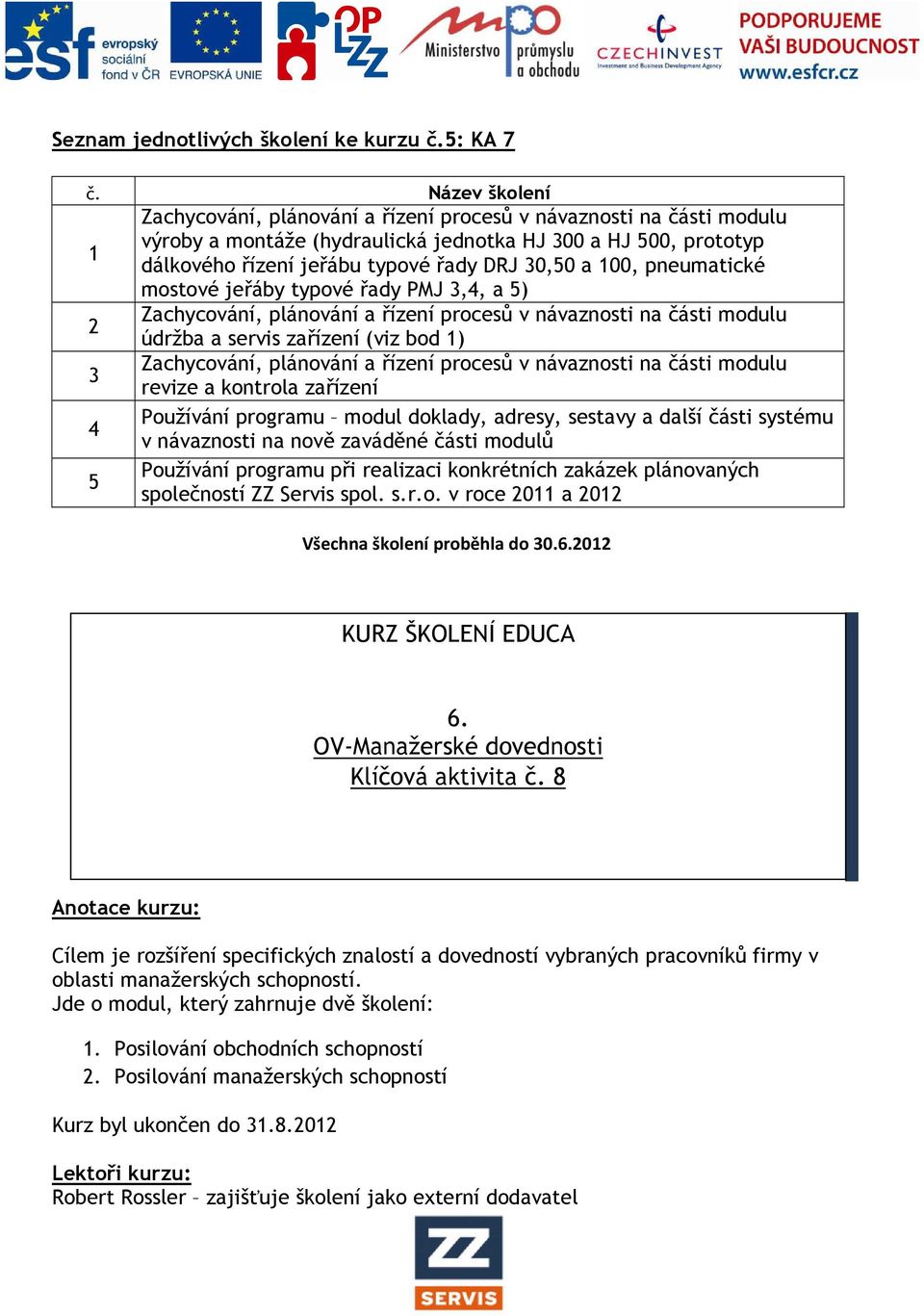 100, pneumatické mostové jeřáby typové řady PMJ 3,4, a 5) Zachycování, plánování a řízení procesů v návaznosti na části modulu 2 údržba a servis zařízení (viz bod 1) Zachycování, plánování a řízení