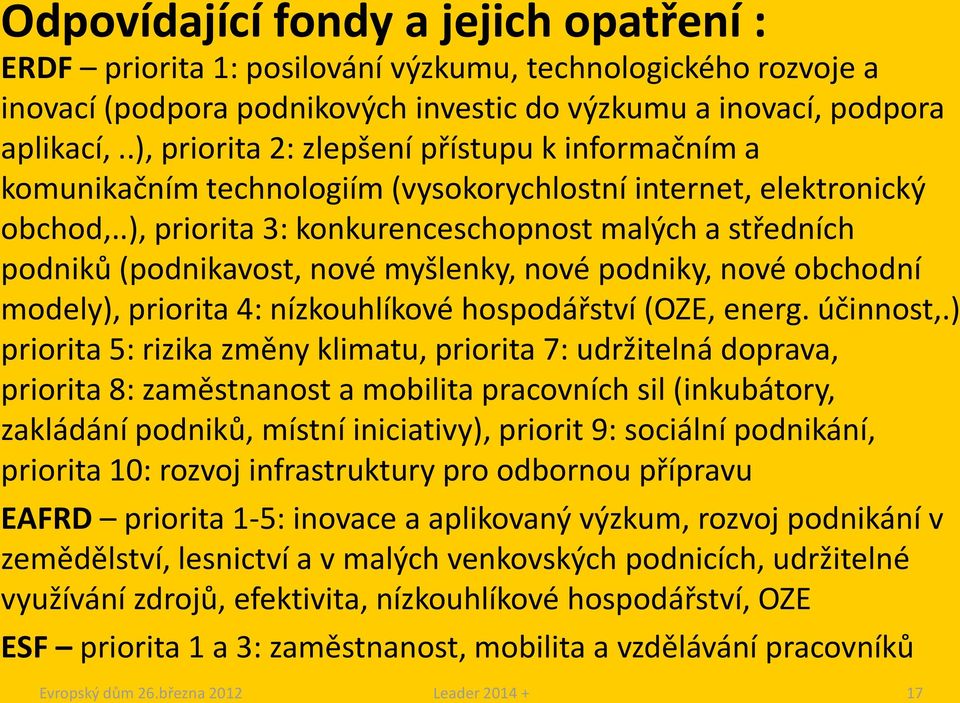 .), priorita 3: konkurenceschopnost malých a středních podniků (podnikavost, nové myšlenky, nové podniky, nové obchodní modely), priorita 4: nízkouhlíkové hospodářství (OZE, energ. účinnost,.