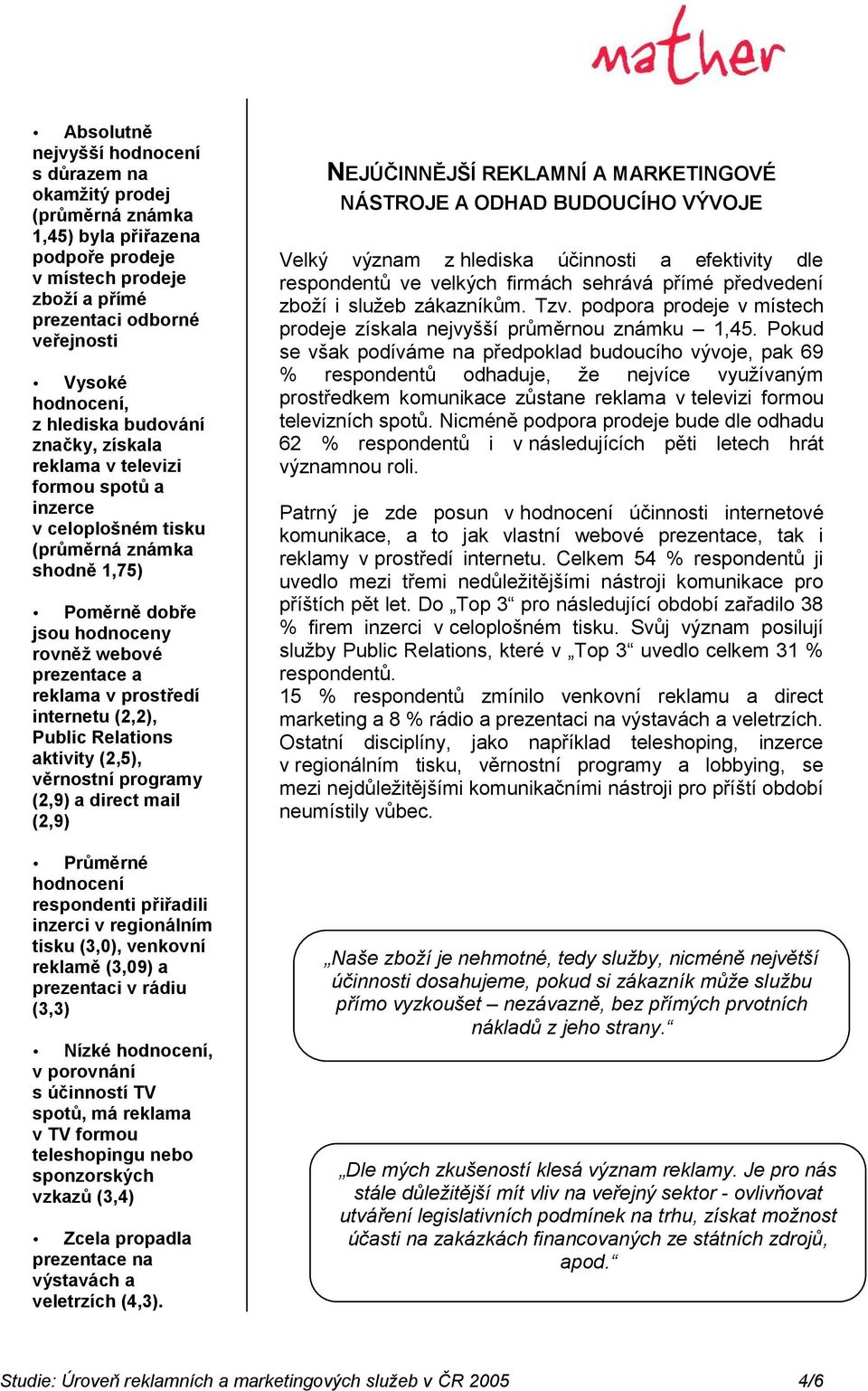 prostředí internetu (2,2), Public Relations aktivity (2,5), věrnostní programy (2,9) a direct mail (2,9) Průměrné hodnocení respondenti přiřadili inzerci v regionálním tisku (3,0), venkovní reklamě