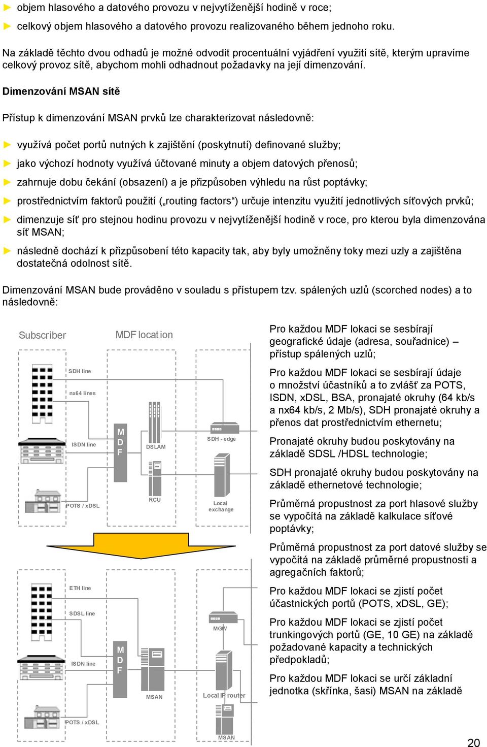 Dimenzování MSAN sítě Přístup k dimenzování MSAN prvků lze charakterizovat následovně: využívá počet portů nutných k zajištění (poskytnutí) definované služby; jako výchozí hodnoty využívá účtované