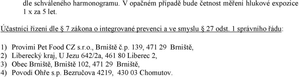 1 správního řádu: 1) Provimi Pet Food CZ s.r.o., Brniště č.p. 139, 471 29 Brniště, 2) Liberecký kraj,