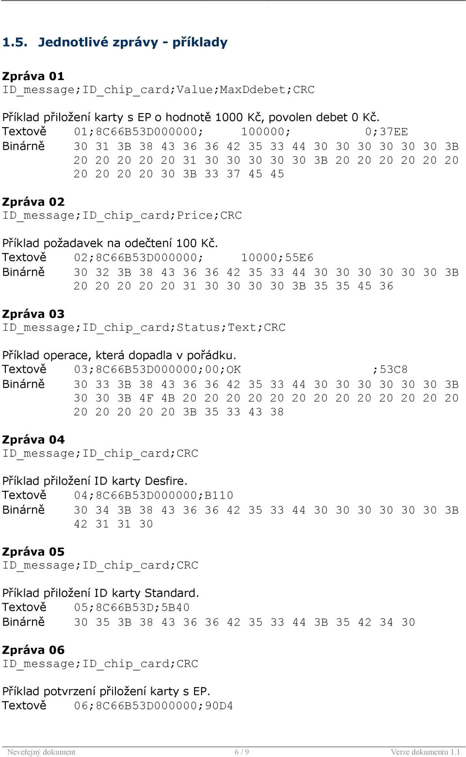 ID_message;ID_chip_card;Price;CRC Příklad požadavek na odečtení 100 Kč.