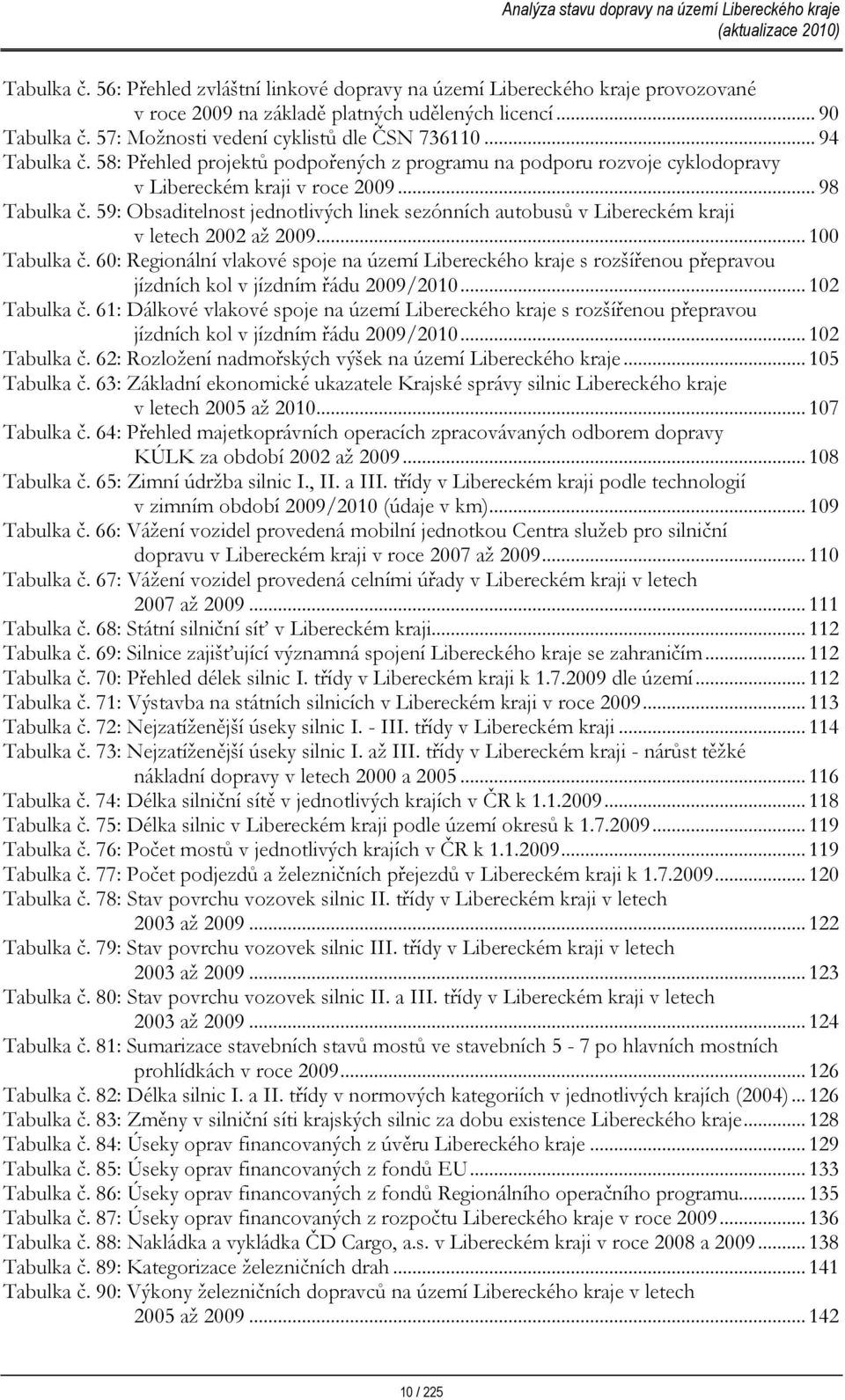 59: Obsaditelnost jednotlivých linek sezónních autobusů v Libereckém kraji v letech 22 až 29... 1 Tabulka č.