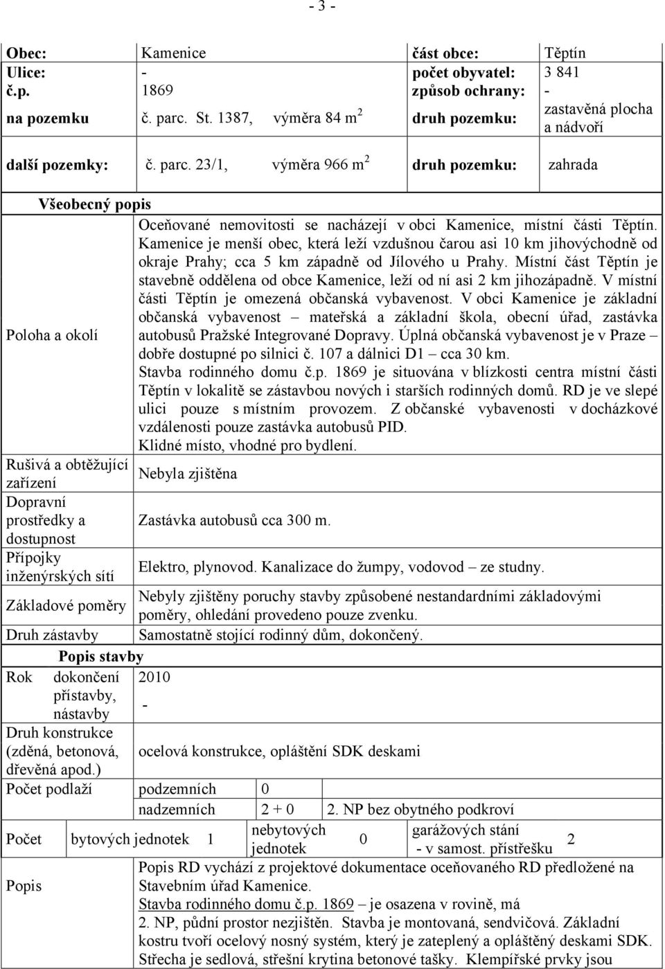 23/1, výměra 966 m2 druh pozemku: část obce: počet obyvatel: způsob ochrany: Těptín 3 841 zastavěná plocha a nádvoří zahrada Všeobecný popis Oceňované nemovitosti se nacházejí v obci Kamenice, místní