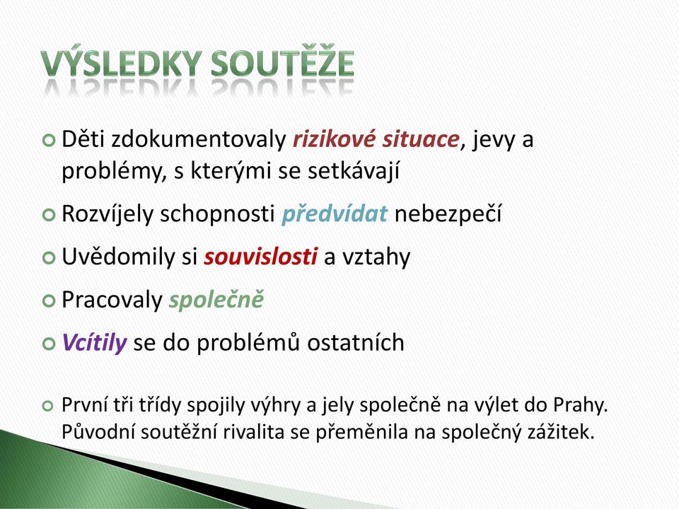 Pracovaly společně Vcítily se do problémů ostatních První tři třídy spojily výhry