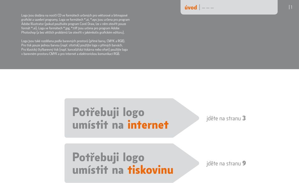 tiff jsou určena pro program Adobe Photoshop (a bez větších problémů lze otevřít v jakémkoliv grafickém editoru). Loga jsou také rozdělena podle barevných prostorů (přímé barvy, CMYK a RGB).