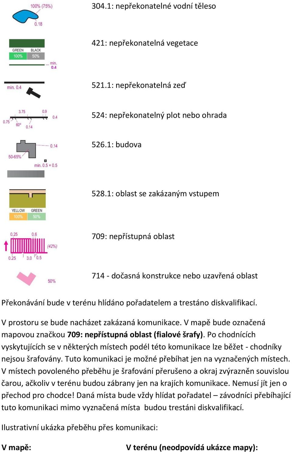 V prostoru se bude nacházet zakázaná komunikace. V mapě bude označená mapovou značkou 709: nepřístupná oblast (fialové šrafy).