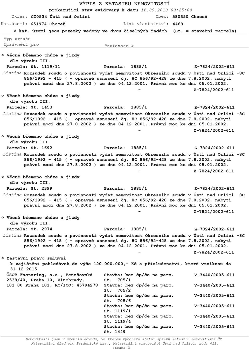 12.2001. Právní moc ke dni 05.01.2002. - o Věcné břemeno chůze a jízdy dle výroku III. Parcela: St.