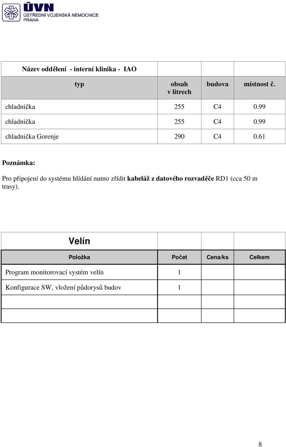 61 Pro připojení do systému hlídání nutno zřídit kabeláž z datového rozvaděče RD1