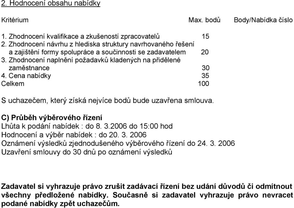 Cena nabídky 35 Celkem 100 S uchazečem, který získá nejvíce bodů bude uzavřena smlouva. C) Průběh výběrového řízení Lhůta k podání nabídek : do 8. 3.2006 do 15:00 hod Hodnocení a výběr nabídek : do 20.