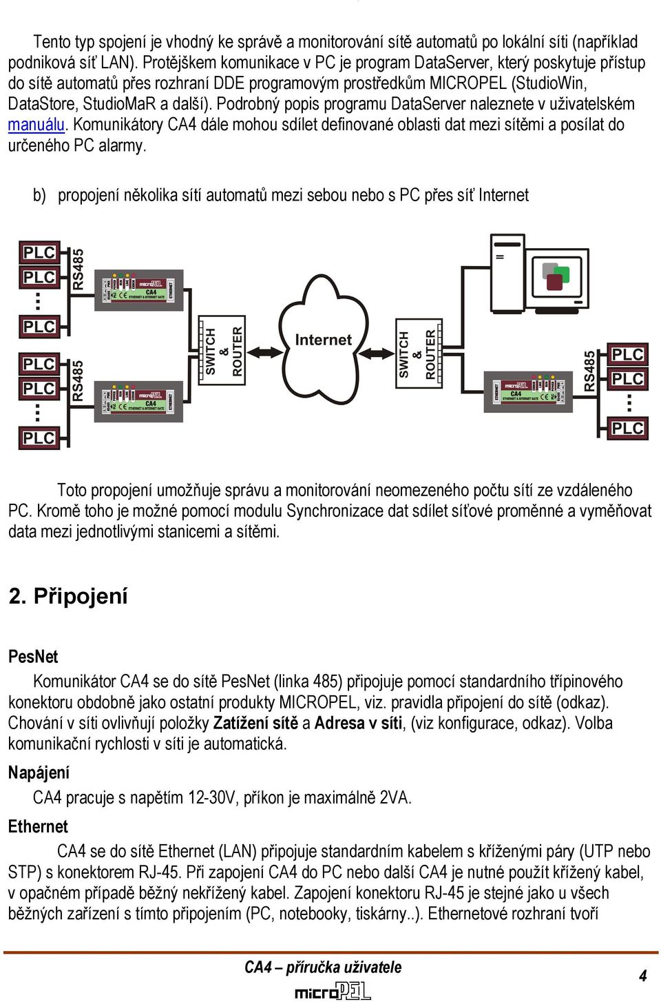 Podrobný popis programu DataServer naleznete v uživatelském manuálu. Komunikátory CA4 dále mohou sdílet definované oblasti dat mezi sítěmi a posílat do určeného PC alarmy.