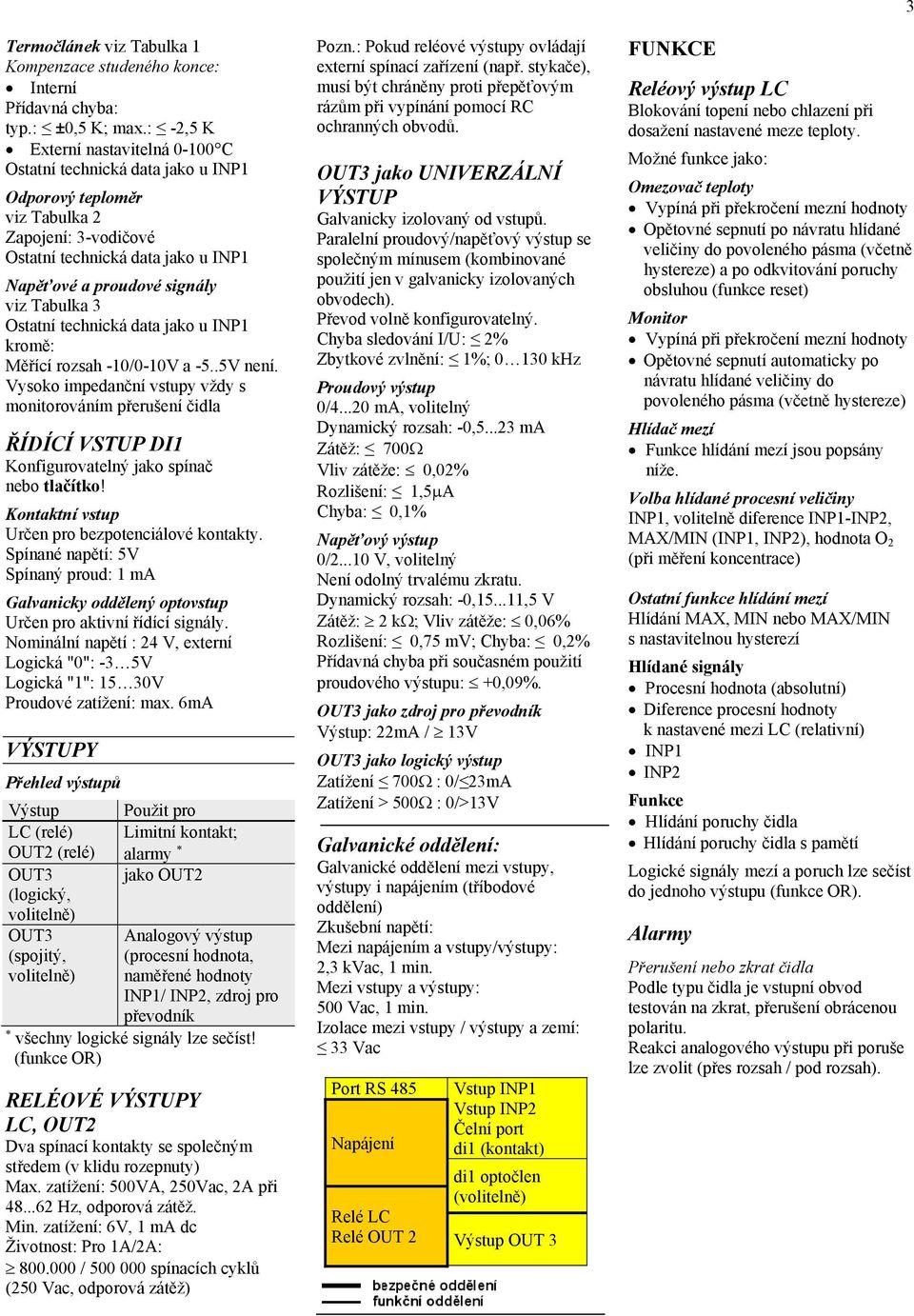 Tabulka 3 Ostatní technická data jako u INP1 kromě: Měřící rozsah -10/0-10V a -5..5V není.