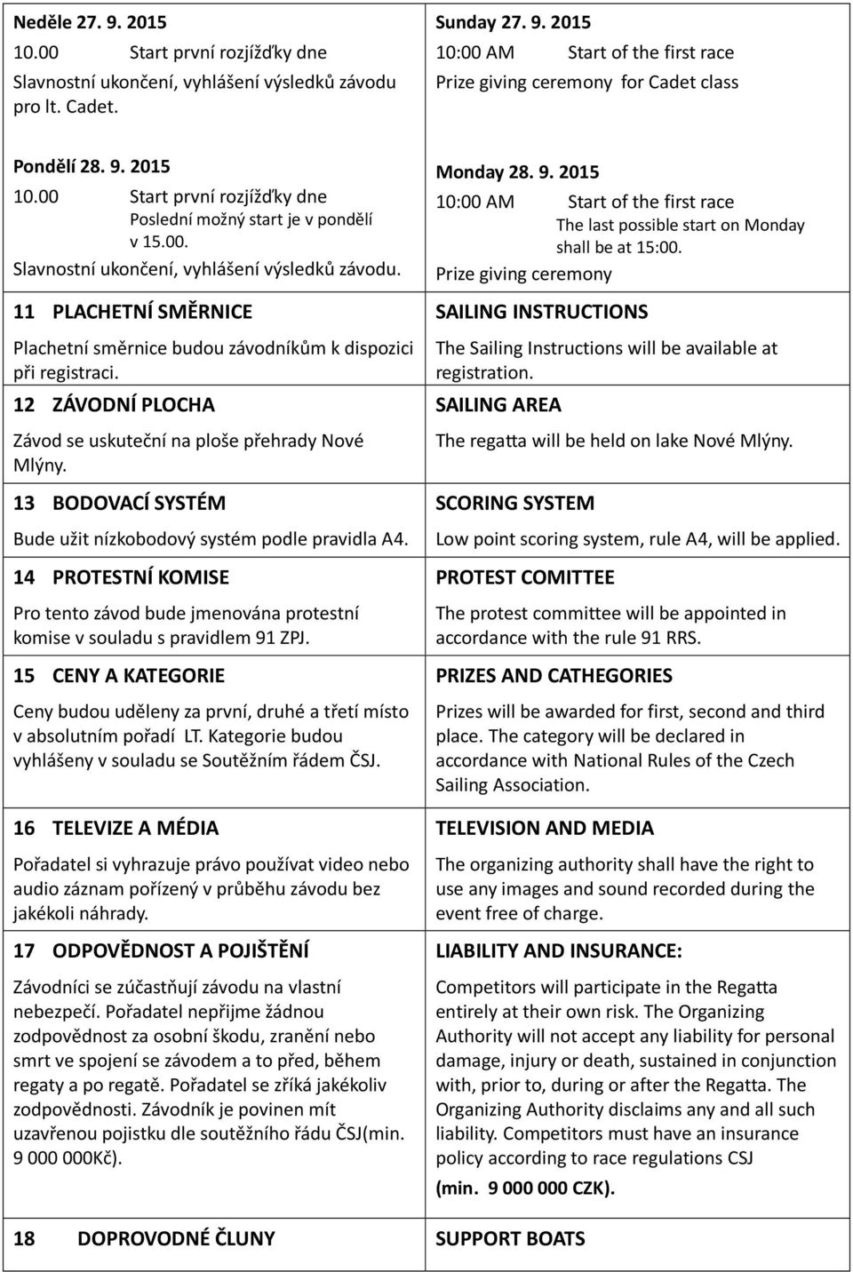 13 BODOVACÍ SYSTÉM Bude užit nízkobodový systém podle pravidla A4. 14 PROTESTNÍ KOMISE Pro tento závod bude jmenována protestní komise v souladu s pravidlem 91 ZPJ.