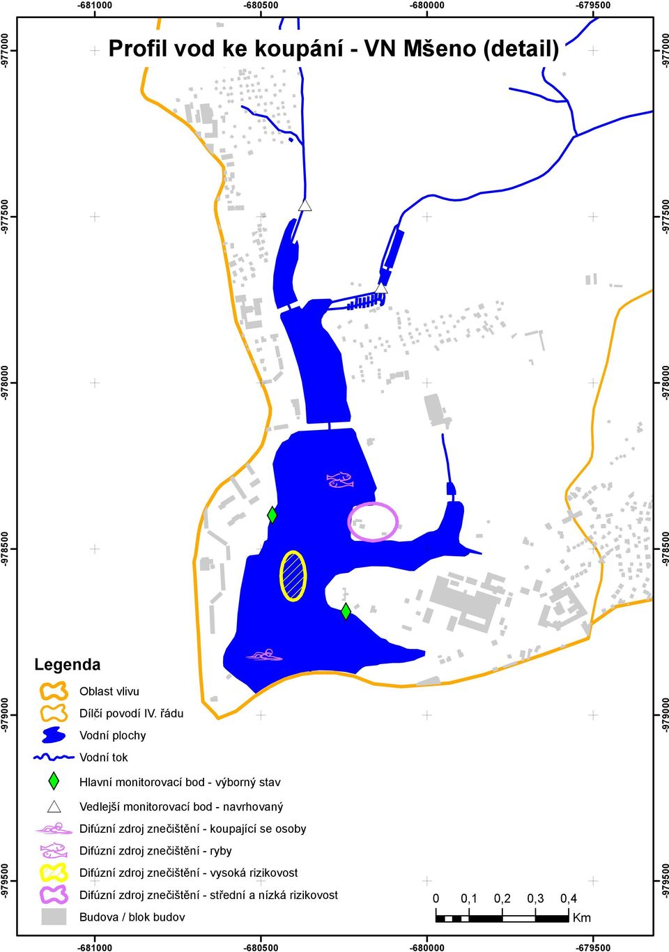řádu Vodní plochy -979000 Vodní tok Hlavní monitorovací bod - výborný stav #* Vedlejší monitorovací bod - navrhovaný XW Difúzní