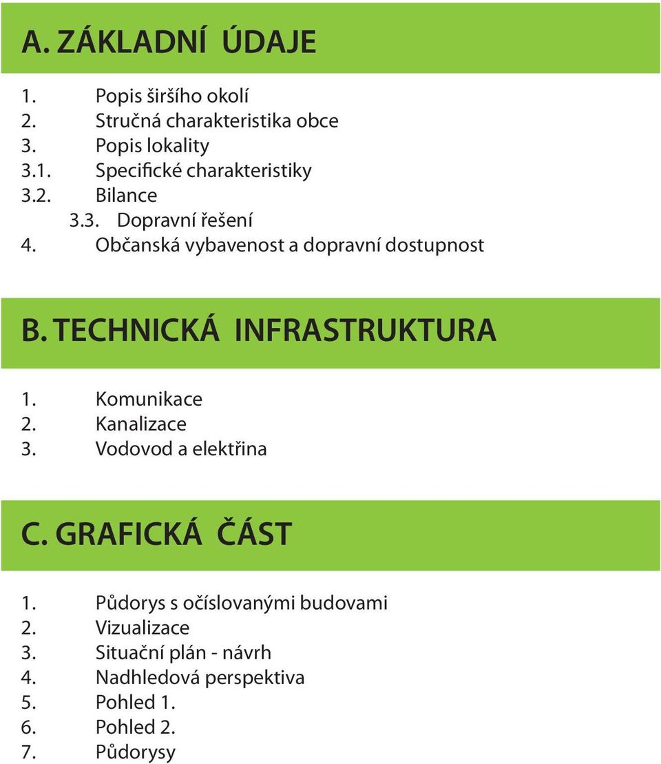 Komunikace 2. Kanalizace 3. Vodovod a elektřina C. GRAFICKÁ ČÁST 1. Půdorys s očíslovanými budovami 2.