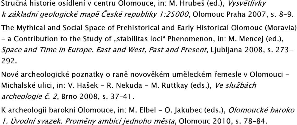 ), Space and Time in Europe. East and West, Past and Present, Ljubljana 2008, s. 273-292. Nové archeologické poznatky o raně novověkém uměleckém řemesle v Olomouci Michalské ulici, in: V.
