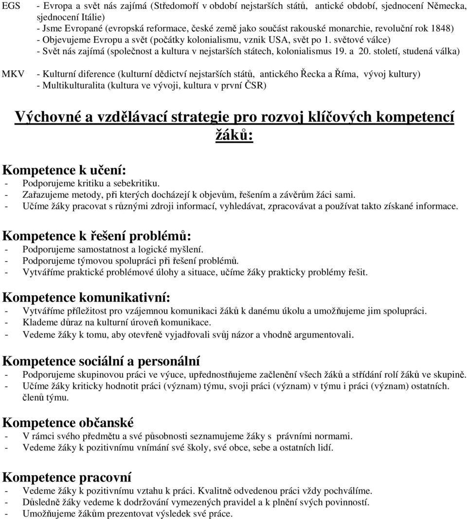 a 20. století, studená válka) - Kulturní diference (kulturní dědictví nejstarších států, antického Řecka a Říma, vývoj kultury) - Multikulturalita (kultura ve vývoji, kultura v první ČSR) Výchovné a