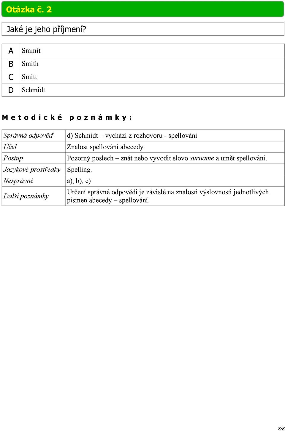 a), b), c) d) Schmidt vychází z rozhovoru - spellování Znalost spellování abecedy.